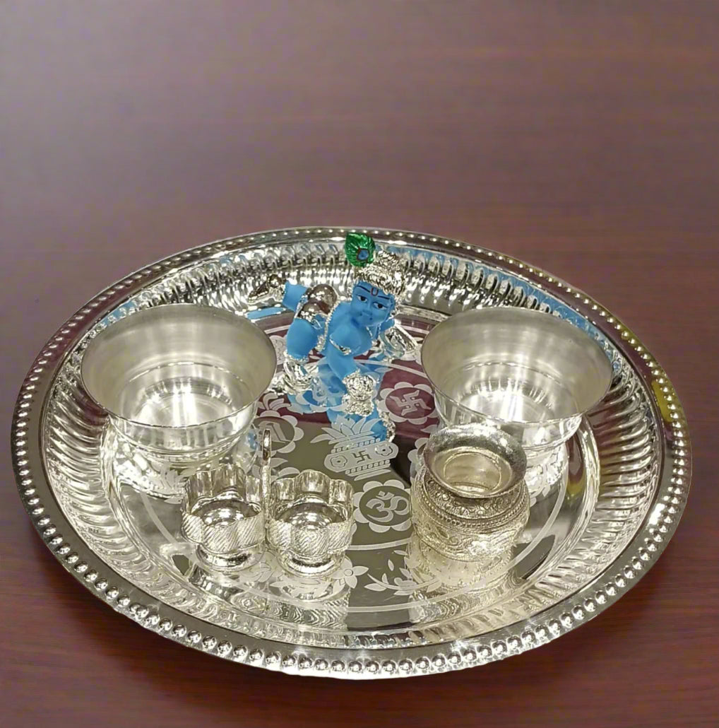 silver plated pooja thali set with kahnaji of 6 pieces for housewarming/ diwali / janmashtami